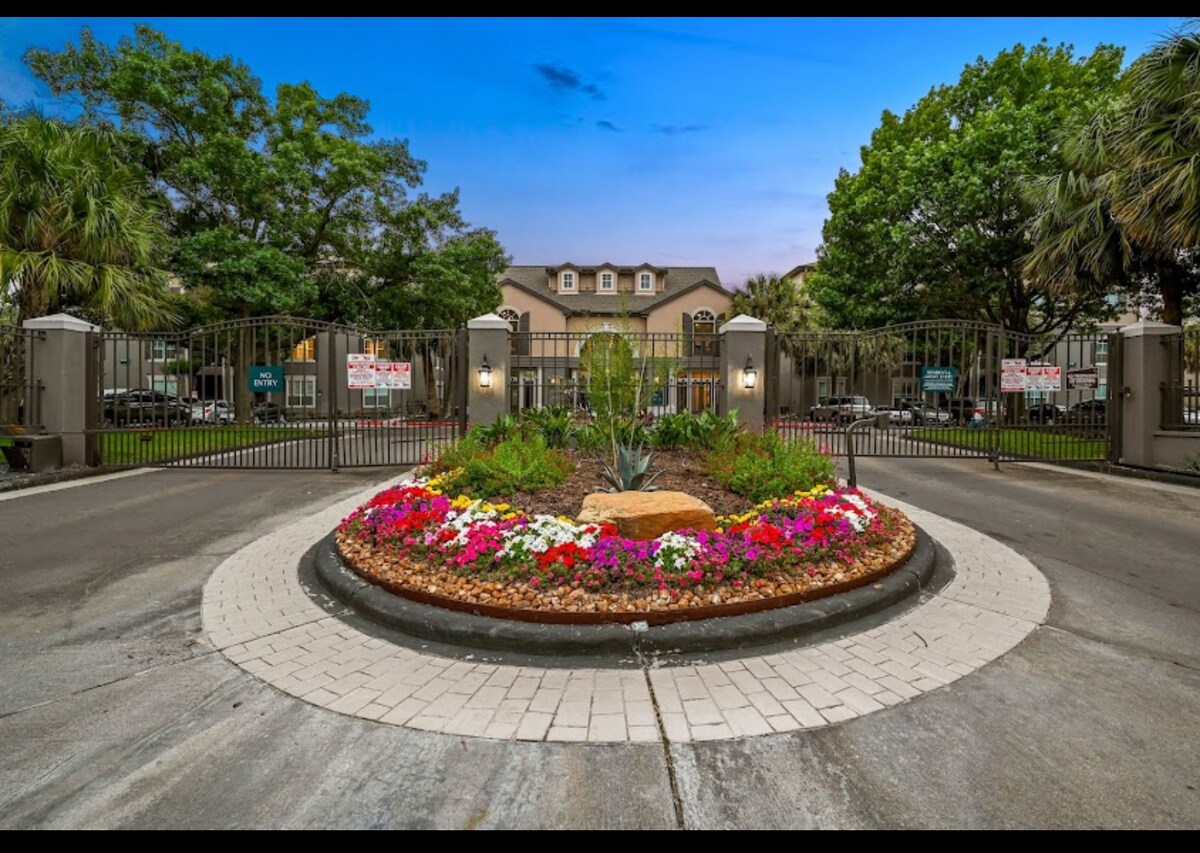 Landscaped courtyard at dusk