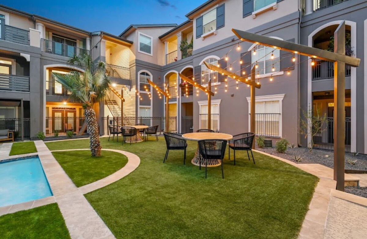 Courtyard under string lights